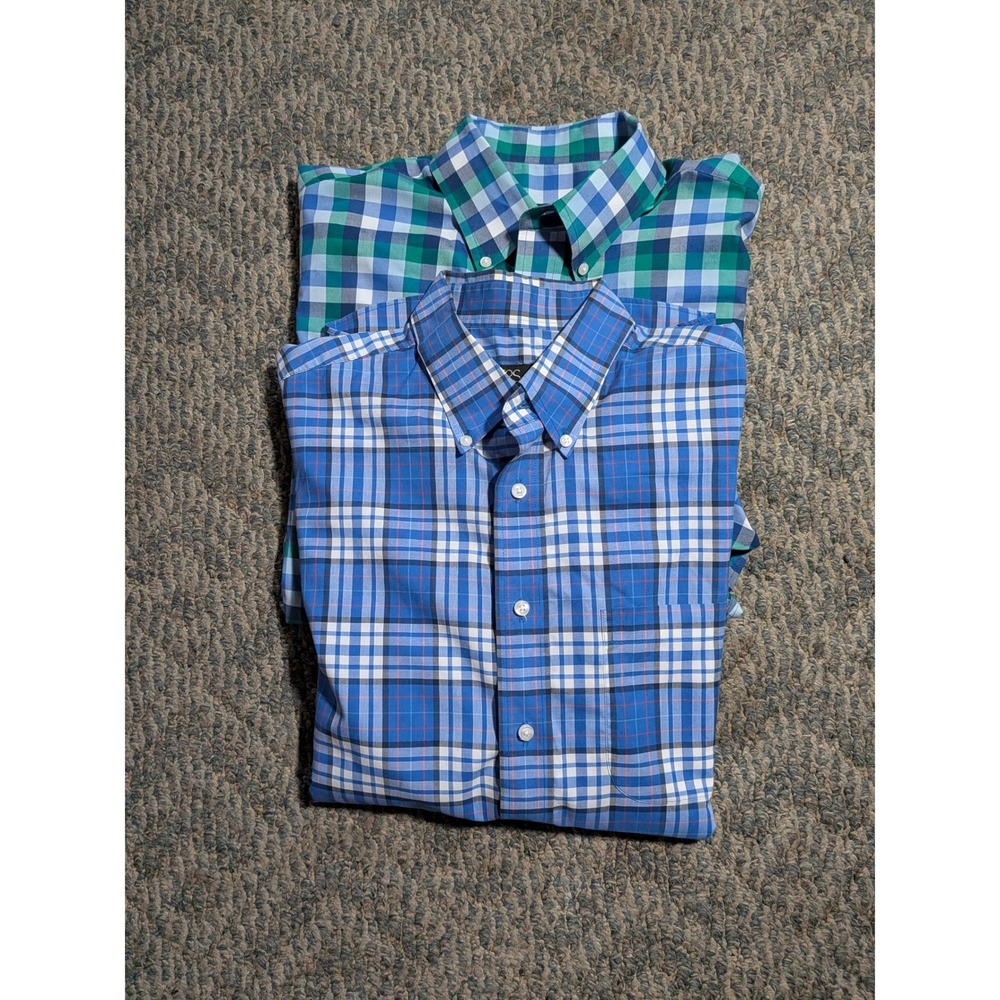 Lot of 2 Chaps Mens Long Sleeve Button Down Plaid Shirts Blue Green Check L